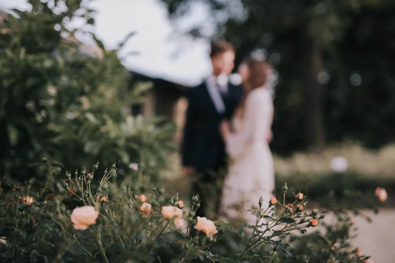 Para młoda pozuje pośród róż w ogrodzie pałacu w BielawiePara młoda pozuje pośród róż w ogrodzie pałacu w Bielawie
